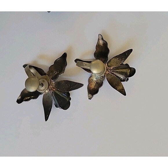 Taxco Mexico 925 Iris Flower Ornate Design Brooch Pin Screw Back Earrings Set - Picture 8 of 16